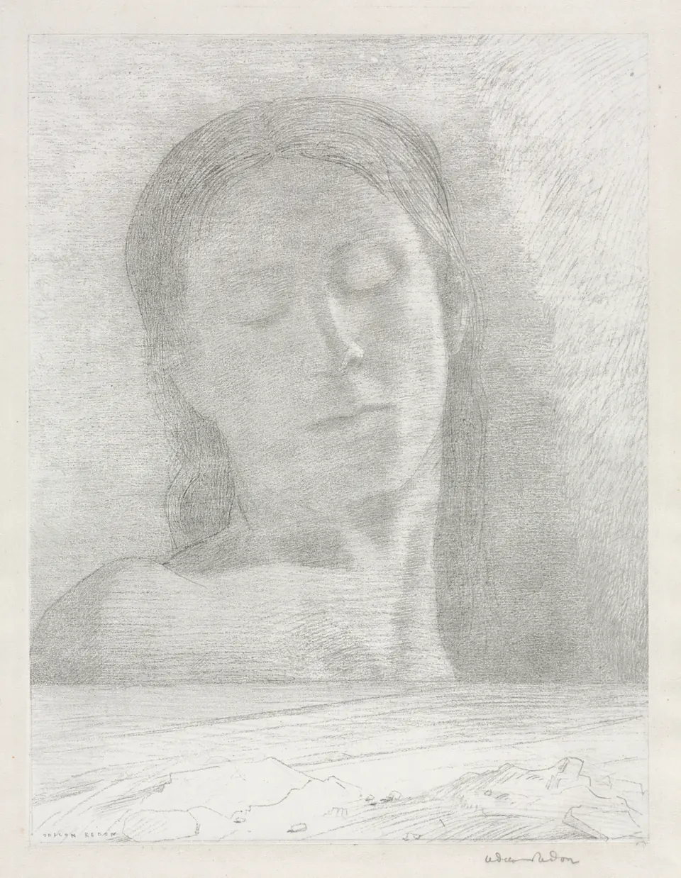 An androgynous head with closed eyes above a lightly drawn landscape