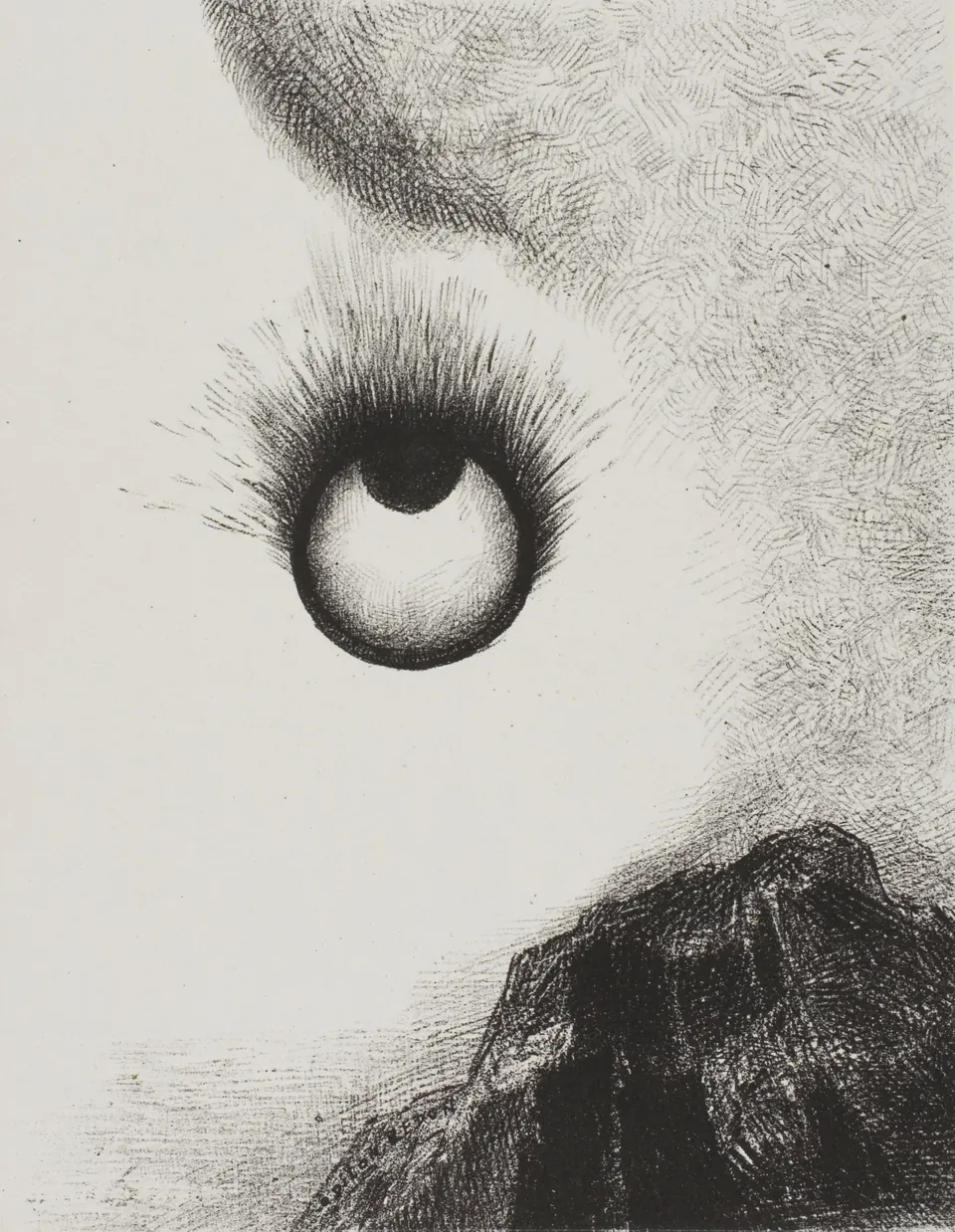 Floating eyeballs glowing amid dense black forms in a Redon lithograph
