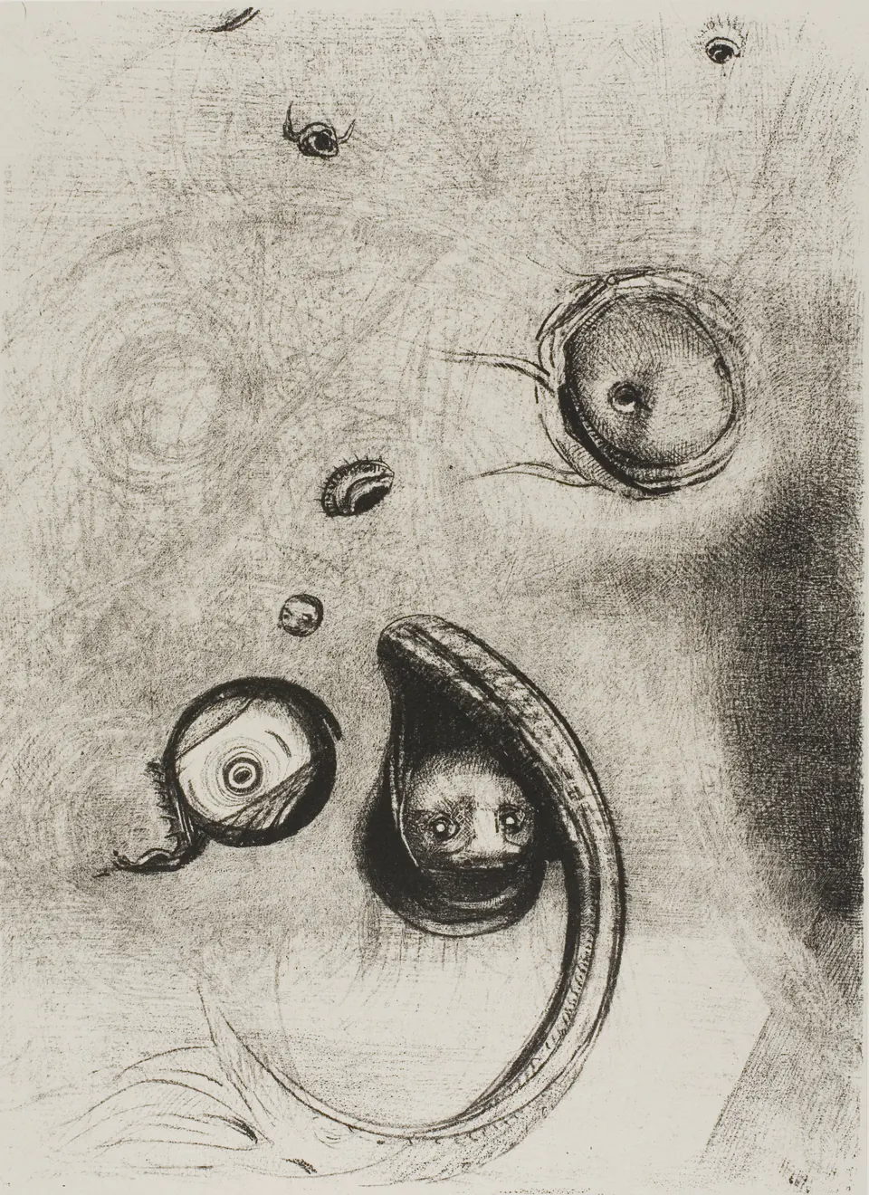 Disembodied eyes floating like mollusks in a dark imaginary space