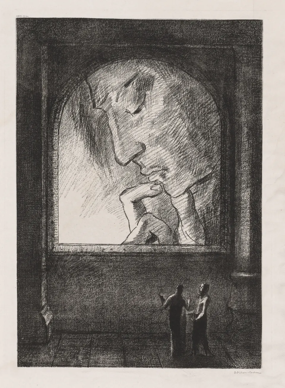 A monumental pensive head looming above two small figures under an arch