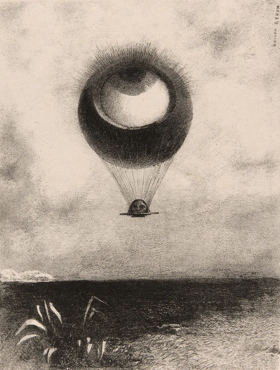 A large eyeball rising like a balloon above a distant landscape