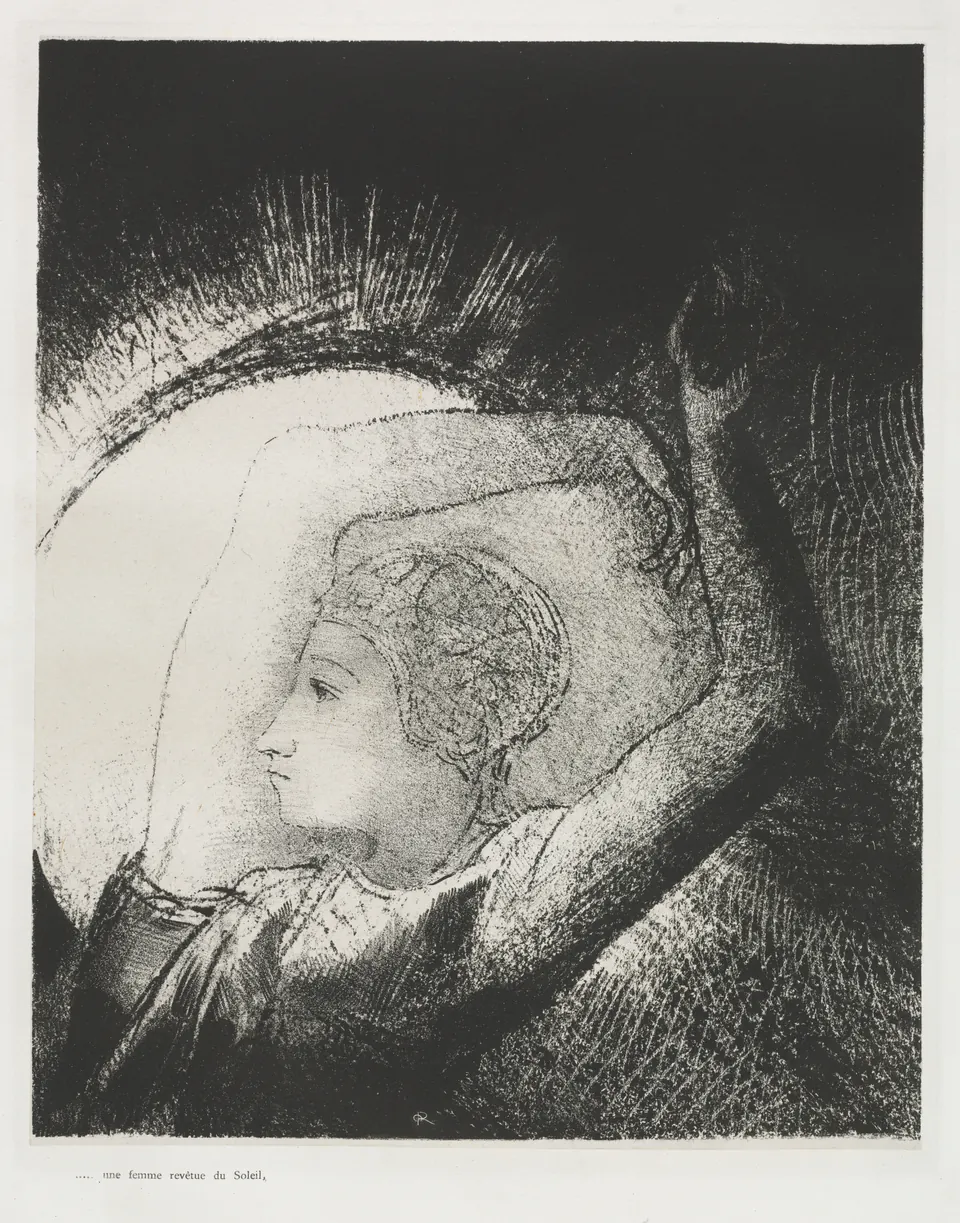 A luminous woman standing within a dark radiating sun in Redon’s Apocalypse portfolio