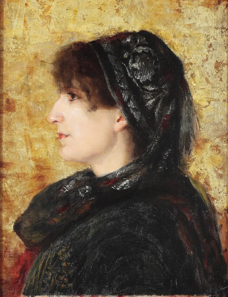 Naile Hanım faces left in profile, her dark veil and clothing set against a textured gold background.