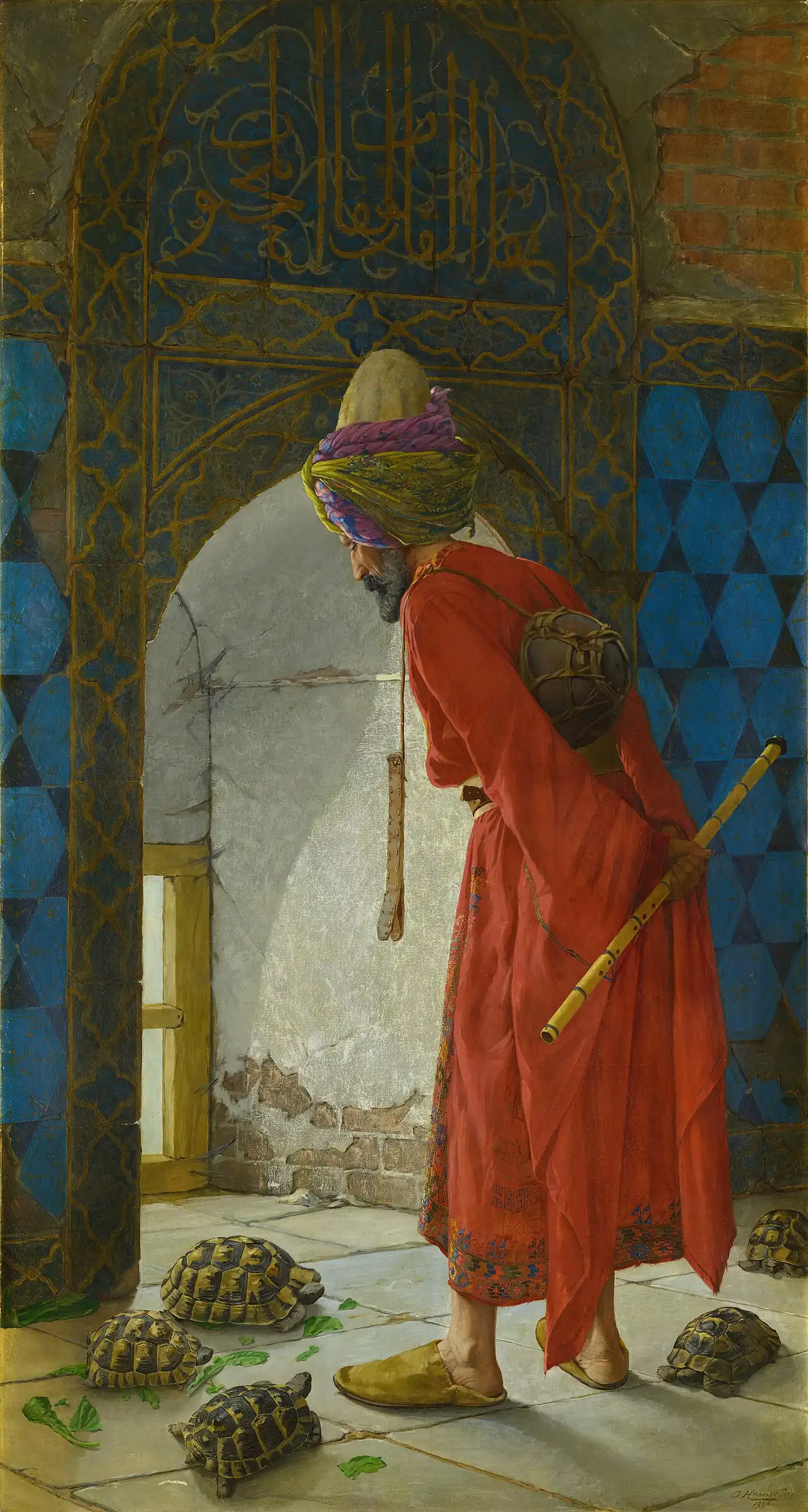An elderly man in a red robe bends towards tortoises beside a low window, holding a flute behind his back.