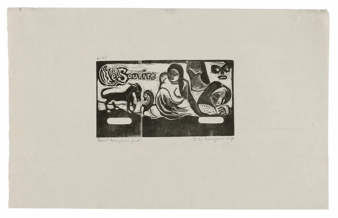 Three figures, a mask, a fox, and a bird in a stark Gauguin woodcut