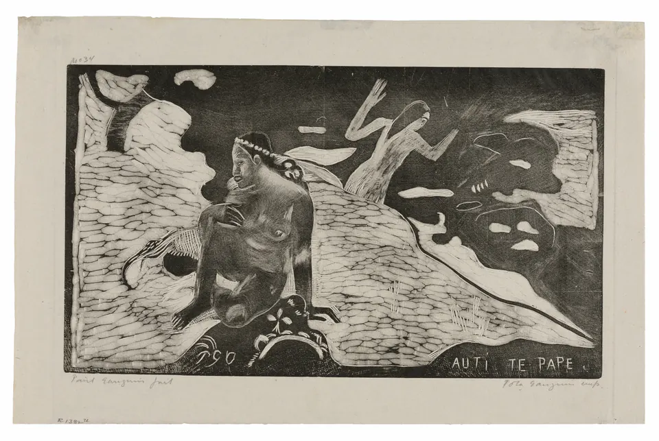 Women bend beside a river in a Noa Noa woodcut