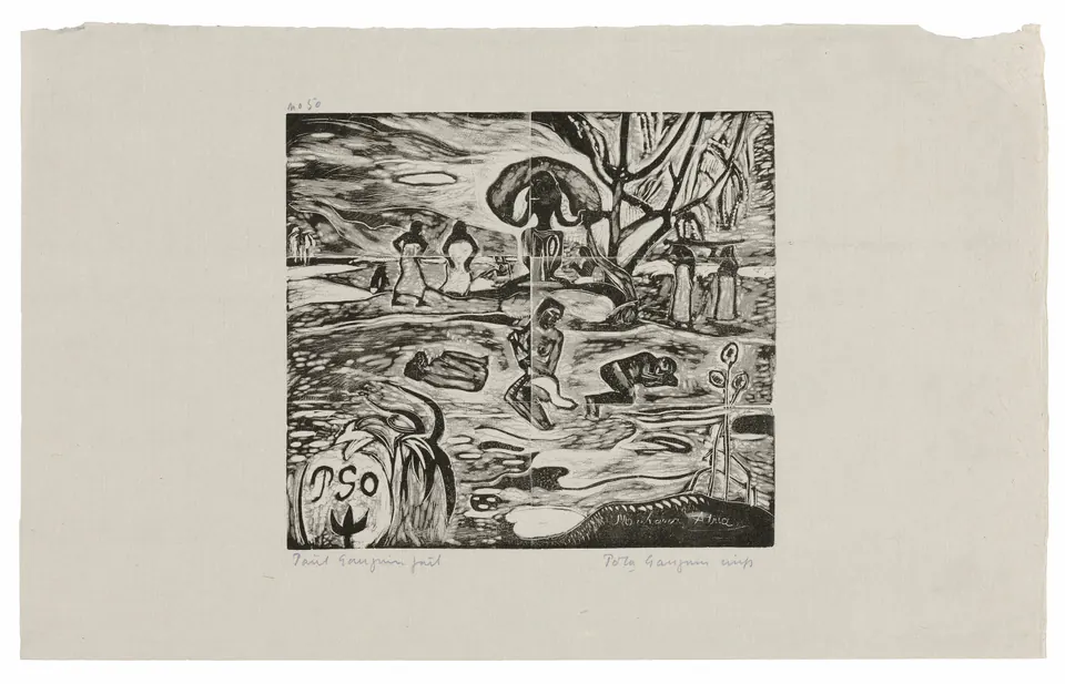 Figures arranged around a central idol in a black woodcut