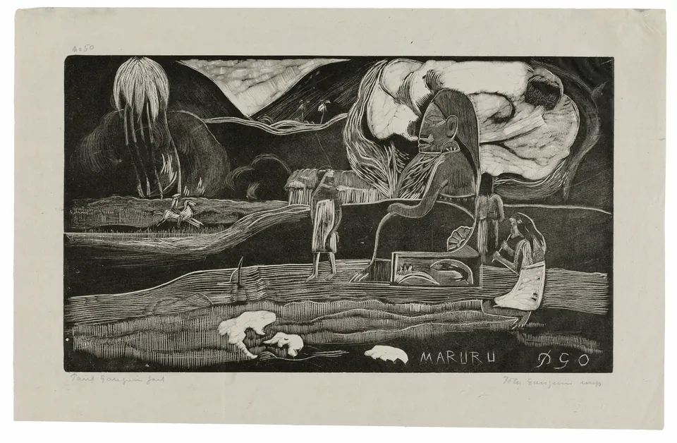 Figures and foliage in the Maruru woodcut