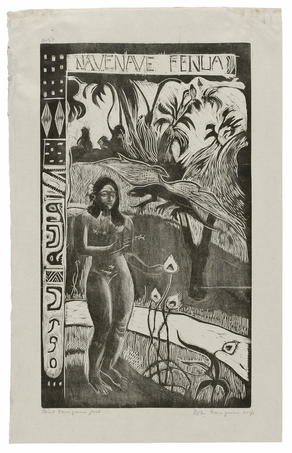 A standing figure and vegetation in a tall woodcut