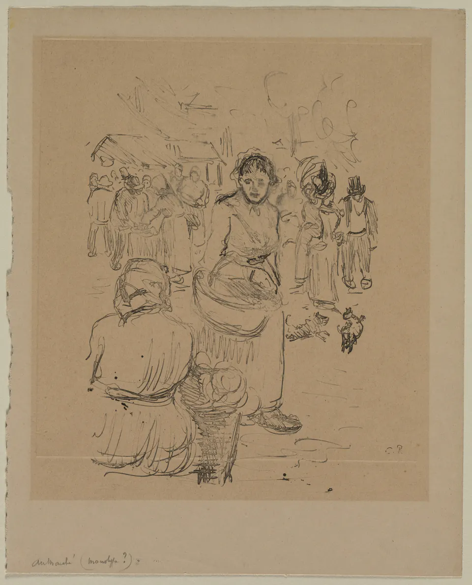 At the Market by Camille Pissarro, a monotype of clustered figures in a busy outdoor market