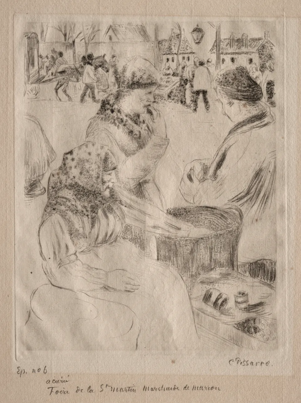 Chestnut Vendor by Camille Pissarro, a drypoint market scene with foreground figures and stalls