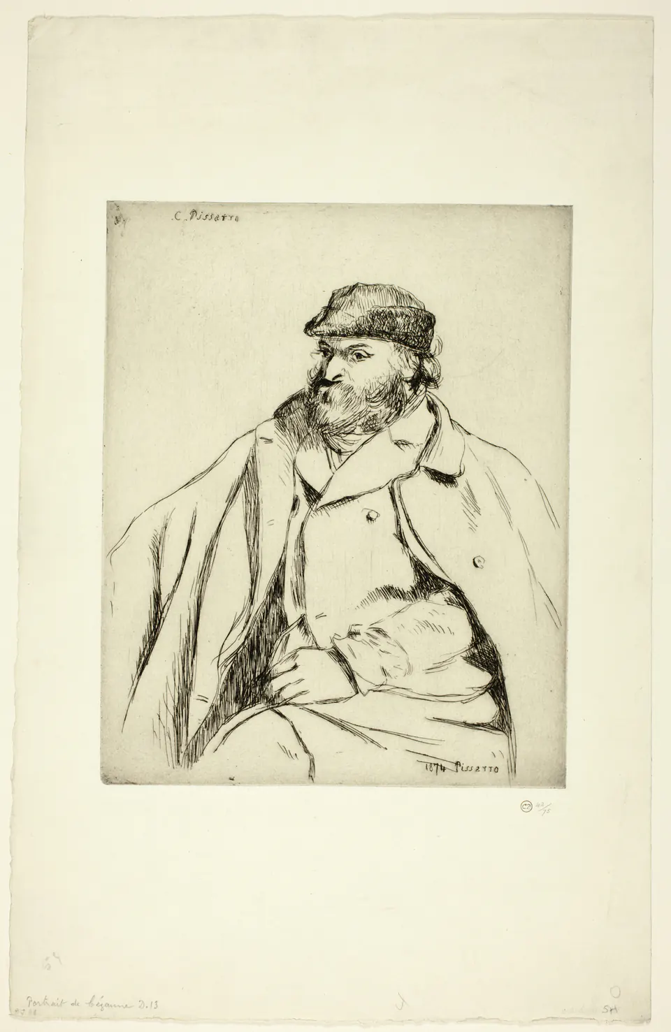 Paul Cézanne by Camille Pissarro, an etched full-length portrait of the artist seated in profile