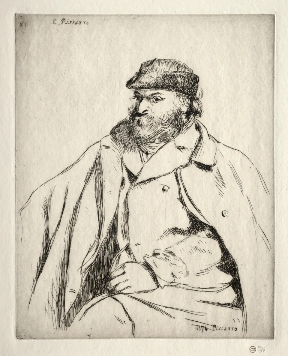 Portrait of Paul Cézanne by Camille Pissarro, an etched seated figure surrounded by printed images