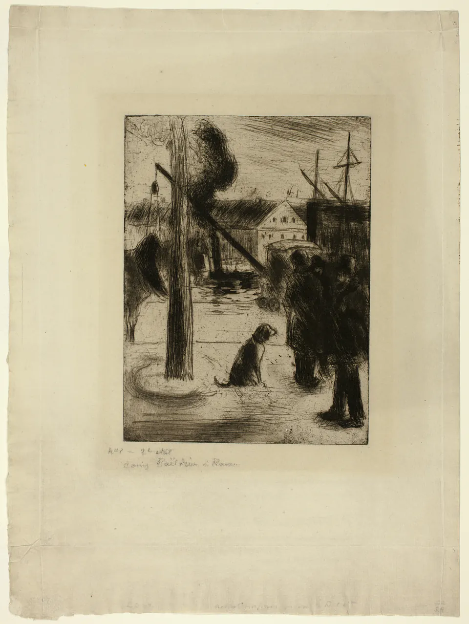 Promenade à Rouen by Camille Pissarro, an etched view of figures and trees along a city promenade