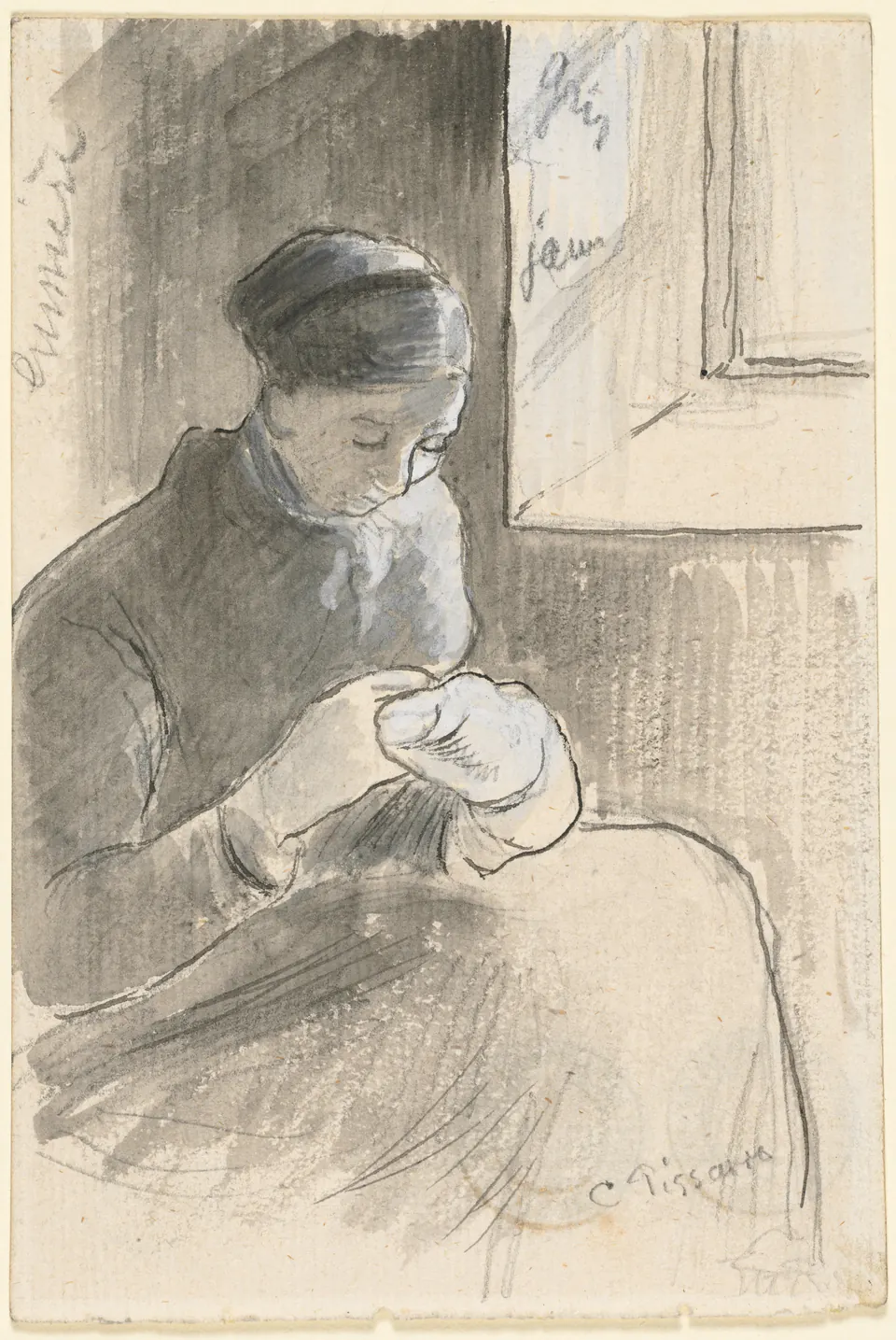 The Mender by Camille Pissarro, an ink-and-wash drawing of a woman sewing beside a window