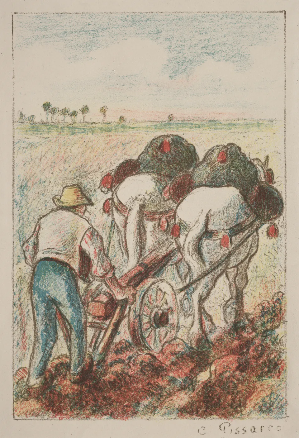 The Plow by Camille Pissarro, a colour lithograph of a farmer guiding horses across a field