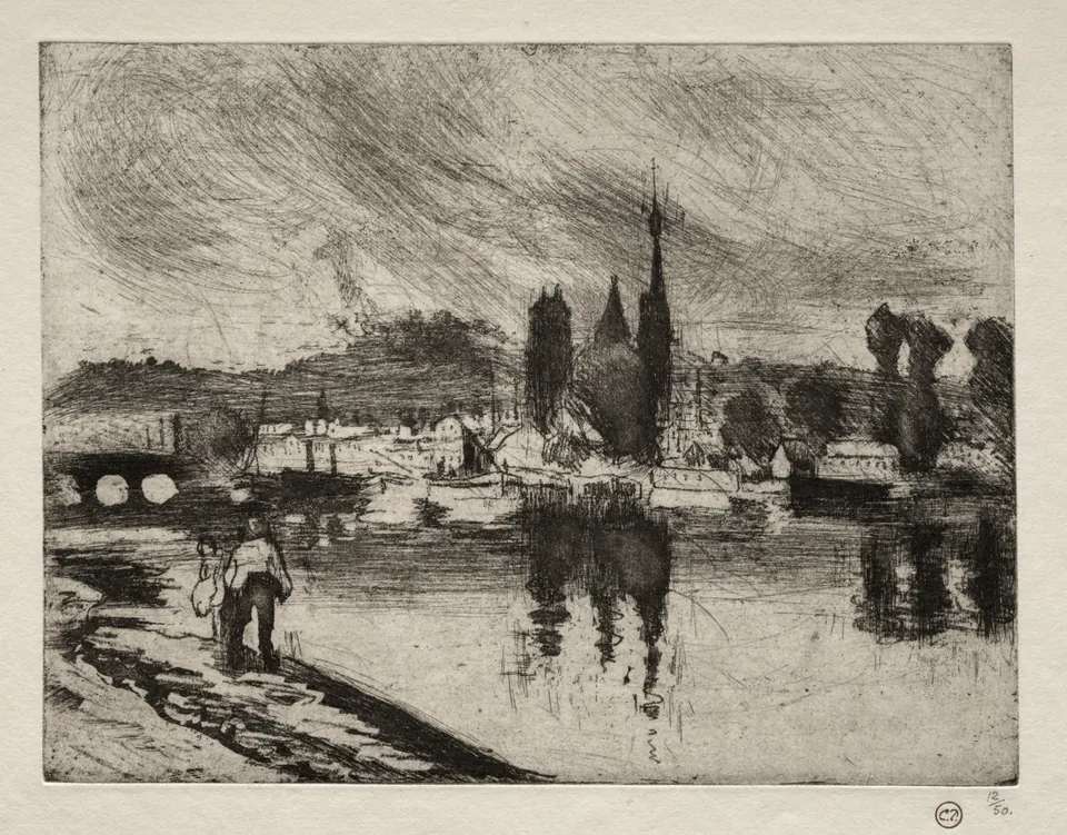 View of Rouen by Camille Pissarro, an etched panorama of roofs, trees and distant city structures