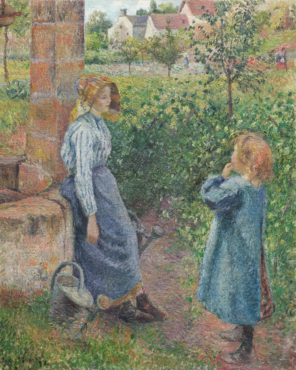 Woman and Child at the Well by Camille Pissarro, with two rural figures beside a stone well