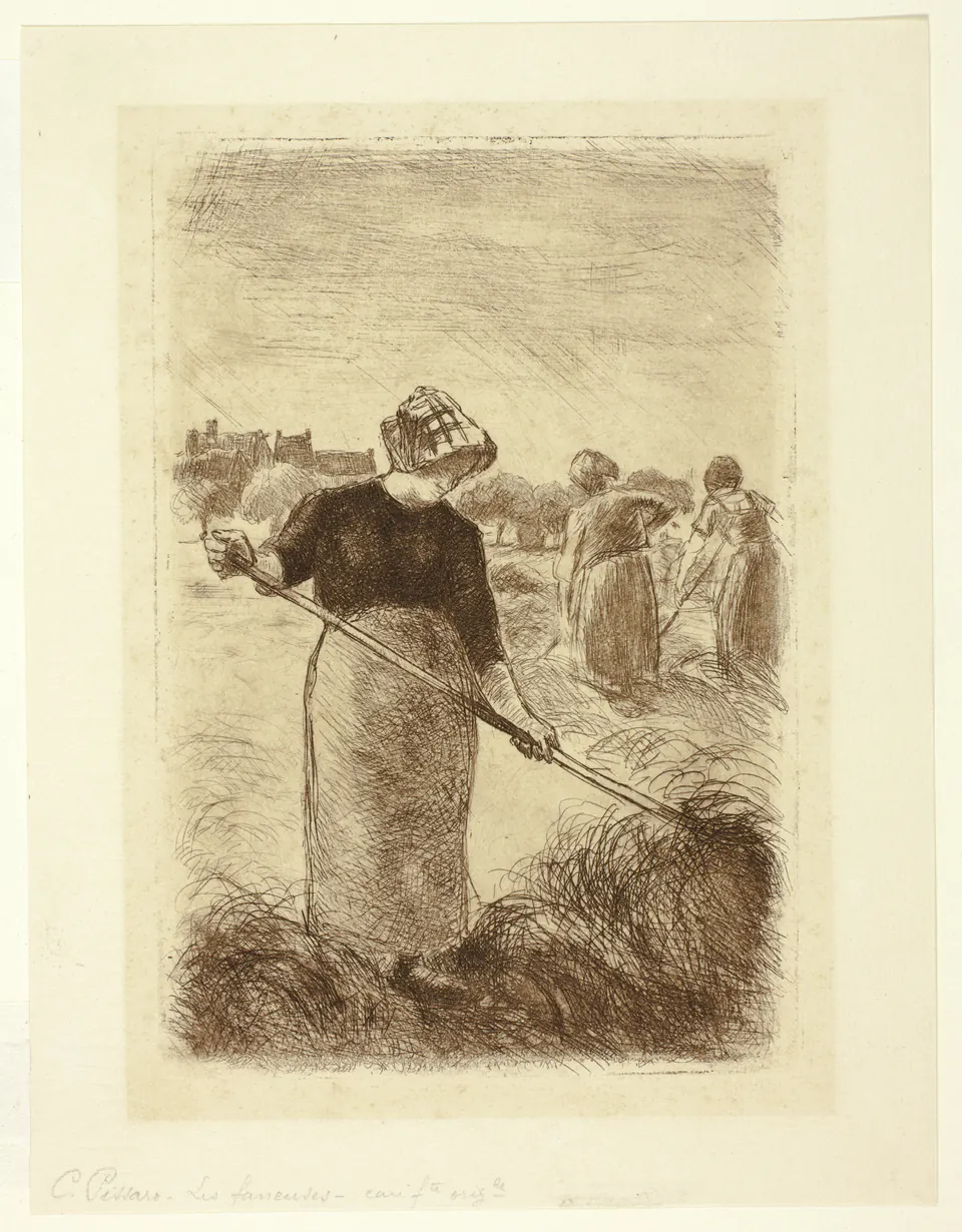 Women Tossing the Hay by Camille Pissarro, an etching of two workers lifting hay in a field