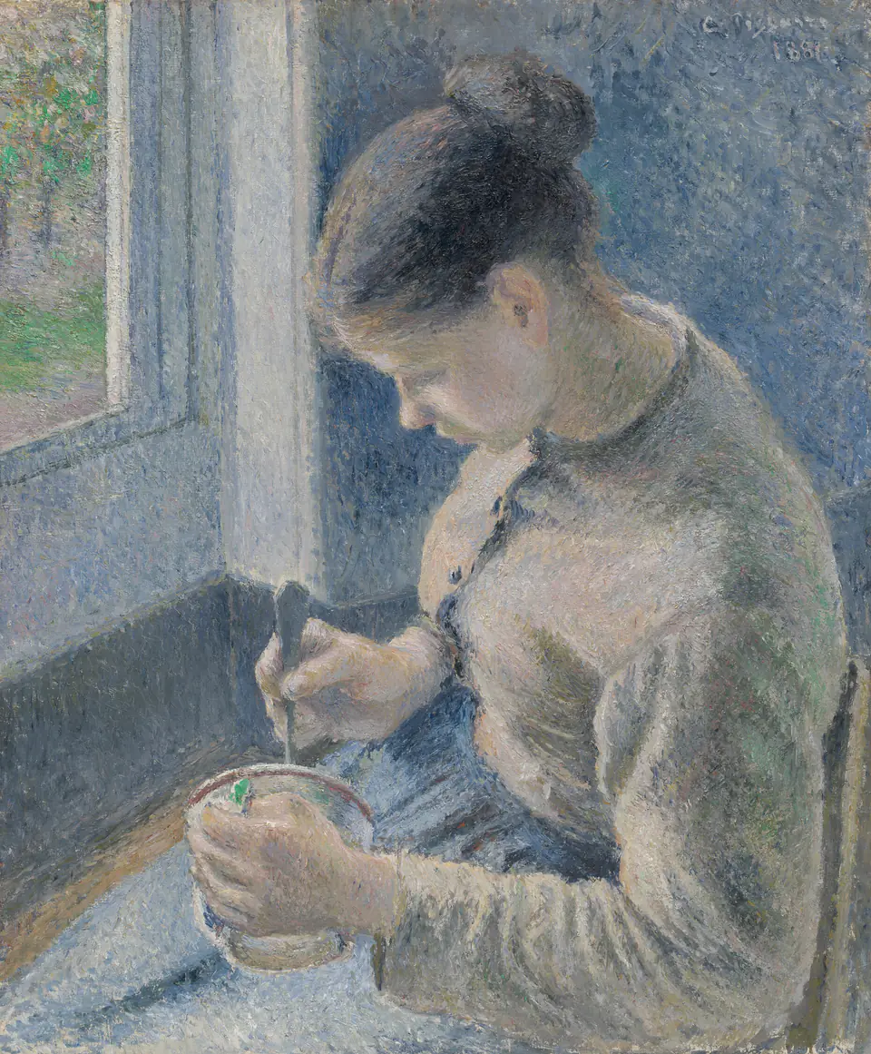 Young Peasant Having Her Coffee by Camille Pissarro, a seated woman holding a bowl at a table