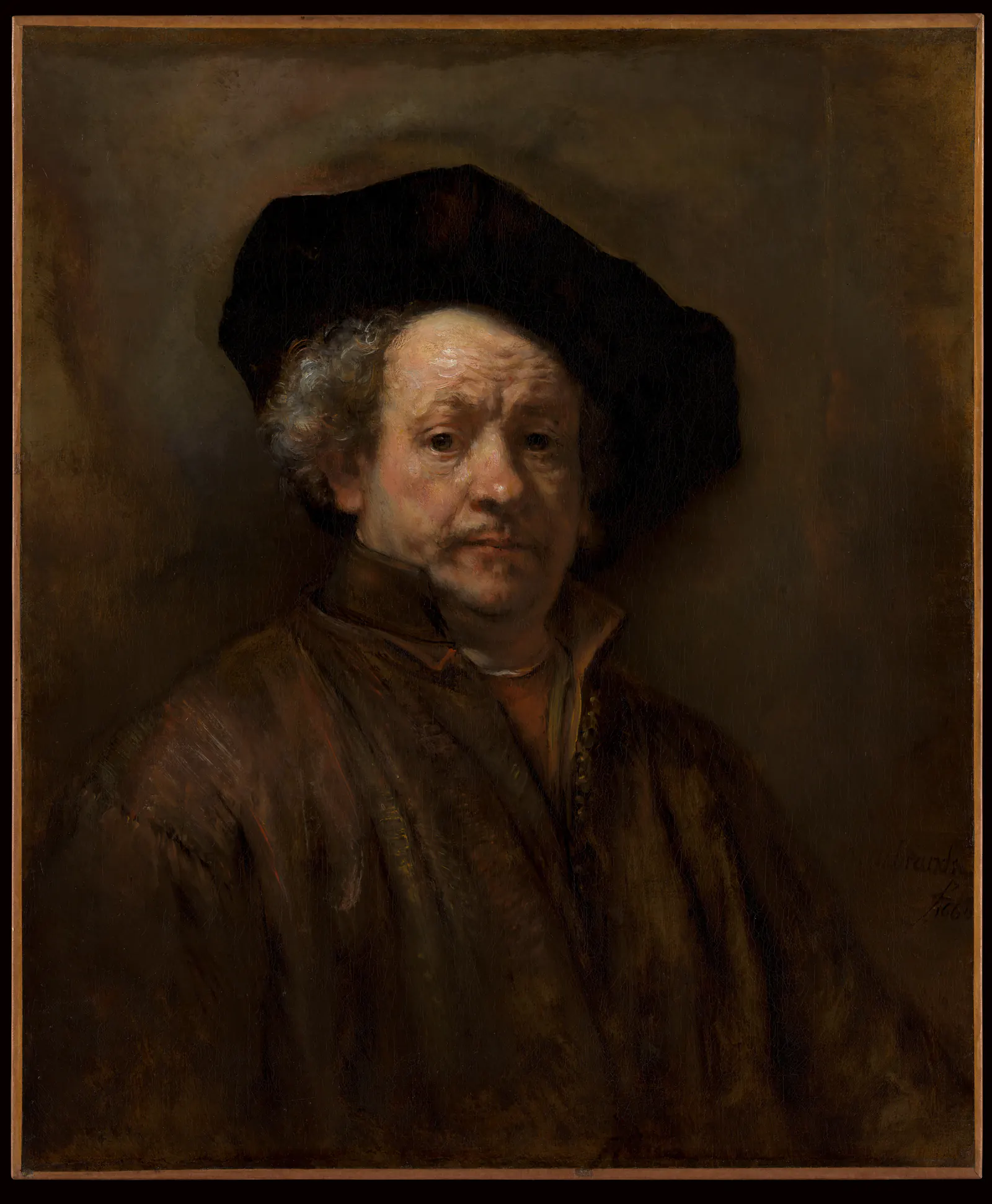 Rembrandt's 1660 Self-Portrait, showing the artist facing the viewer in a dark cap and coat