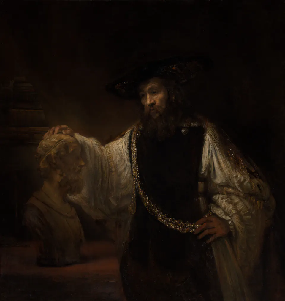 Aristotle resting one hand on a sculpted bust of Homer in a dark interior