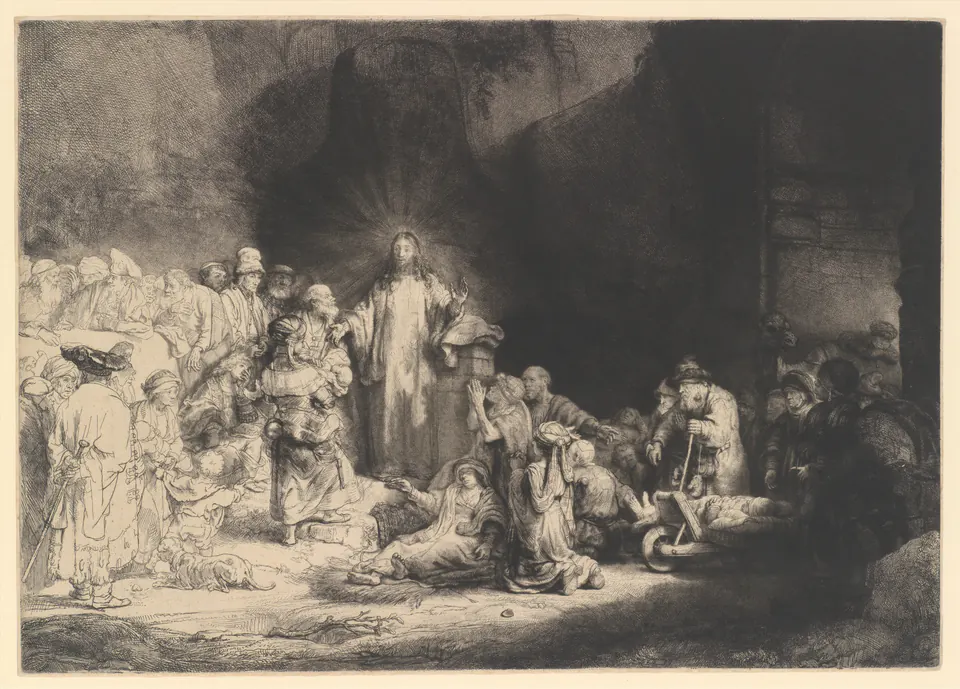Rembrandt's Hundred Guilder Print, with Christ among crowds rendered in varied etched light and shadow