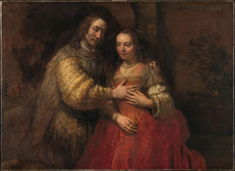 Rembrandt's Jewish Bride, a richly dressed couple joined by a tender hand gesture