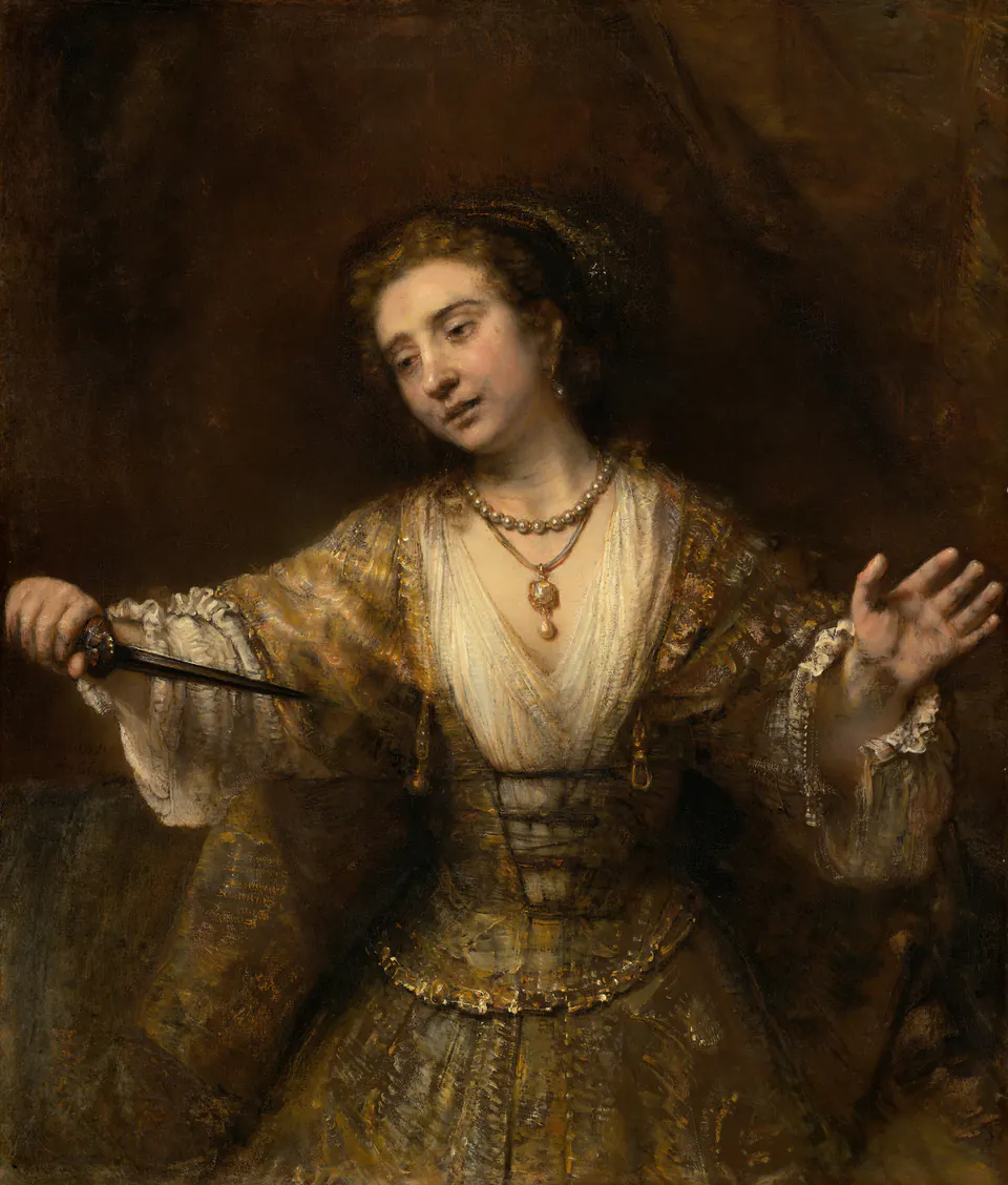 Rembrandt's Lucretia in pale clothing, holding a dagger before a dark background