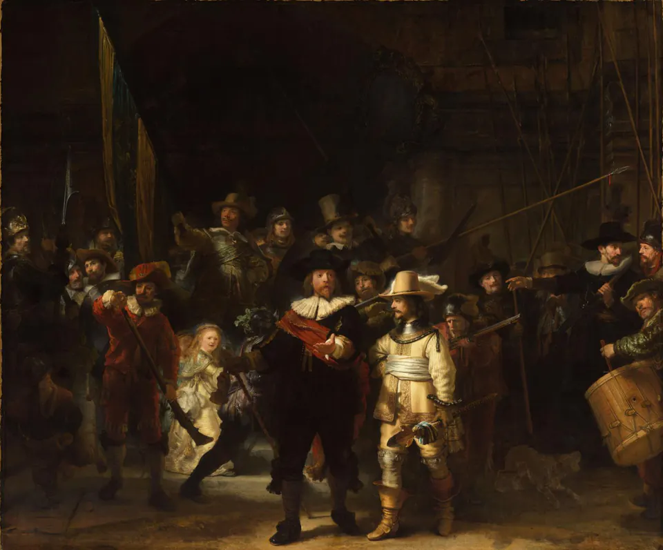 Rembrandt's Night Watch, a large civic guard group emerging into strong light