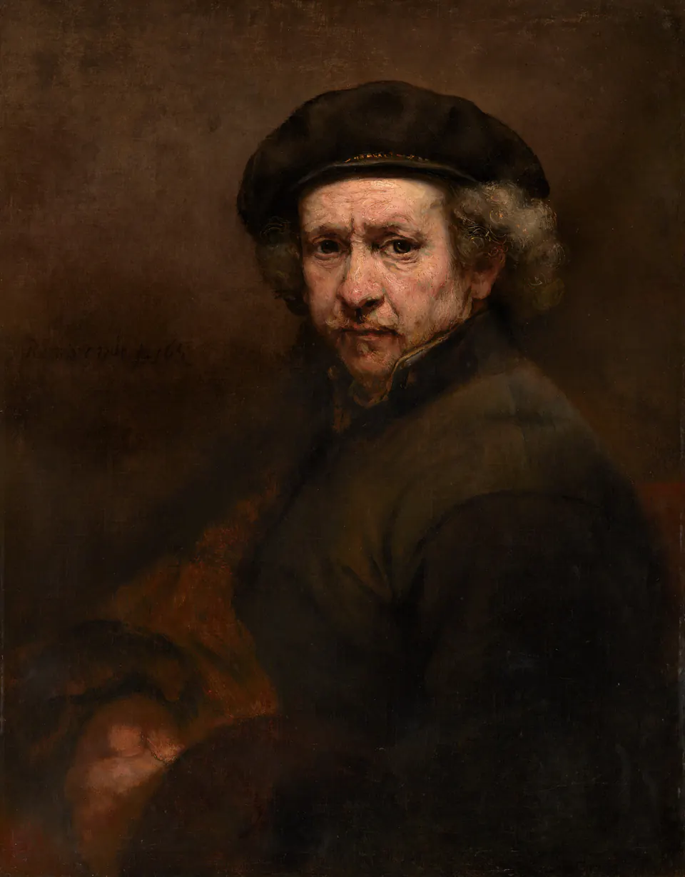 Rembrandt's 1659 Self-Portrait, seated and facing the viewer with hands at his waist