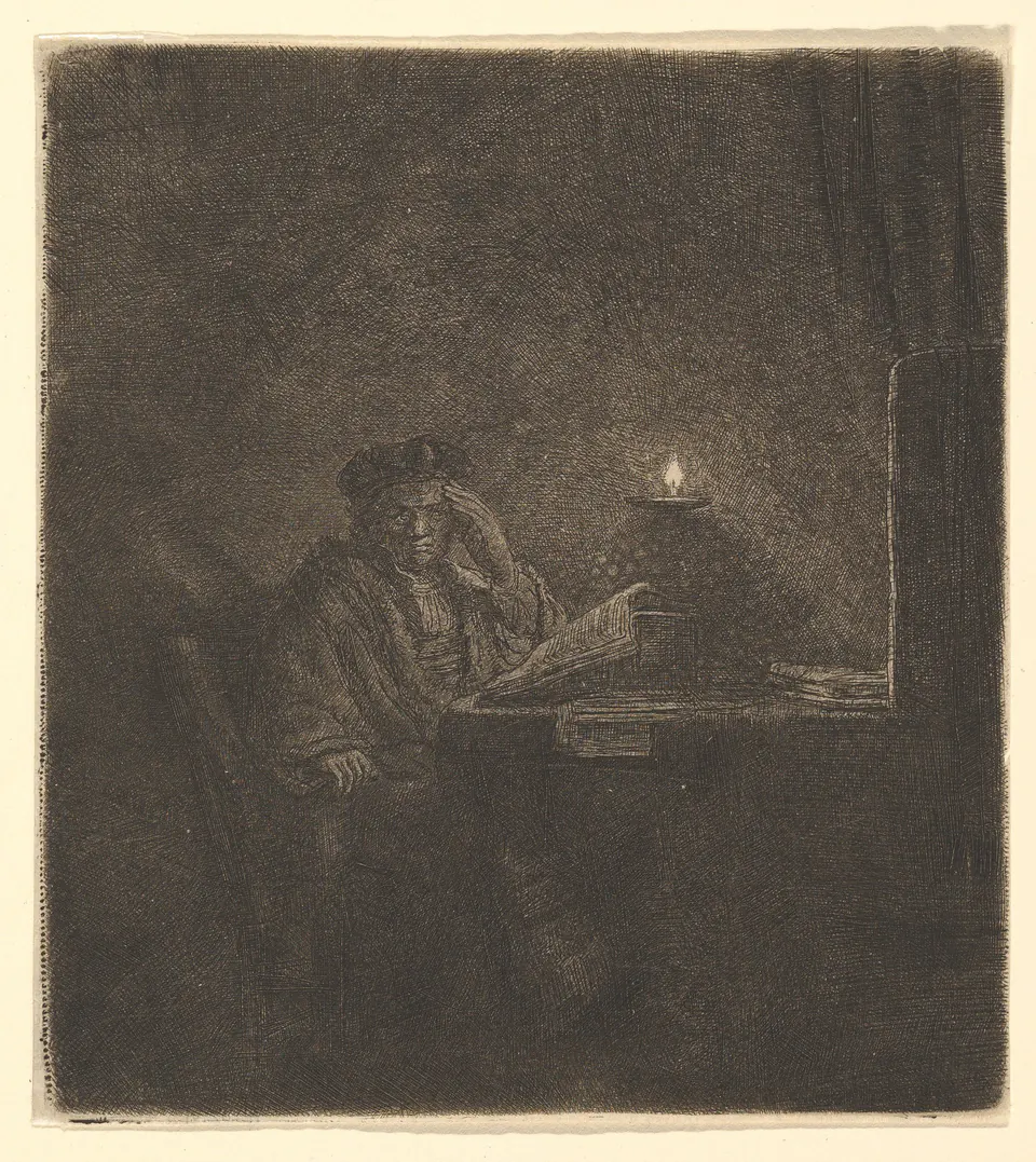 A student seated at a table in concentrated candlelight in an etching by Rembrandt