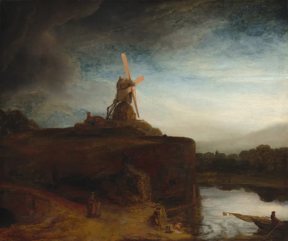 Rembrandt's Mill, a windmill on a high embankment beneath a dramatic evening sky