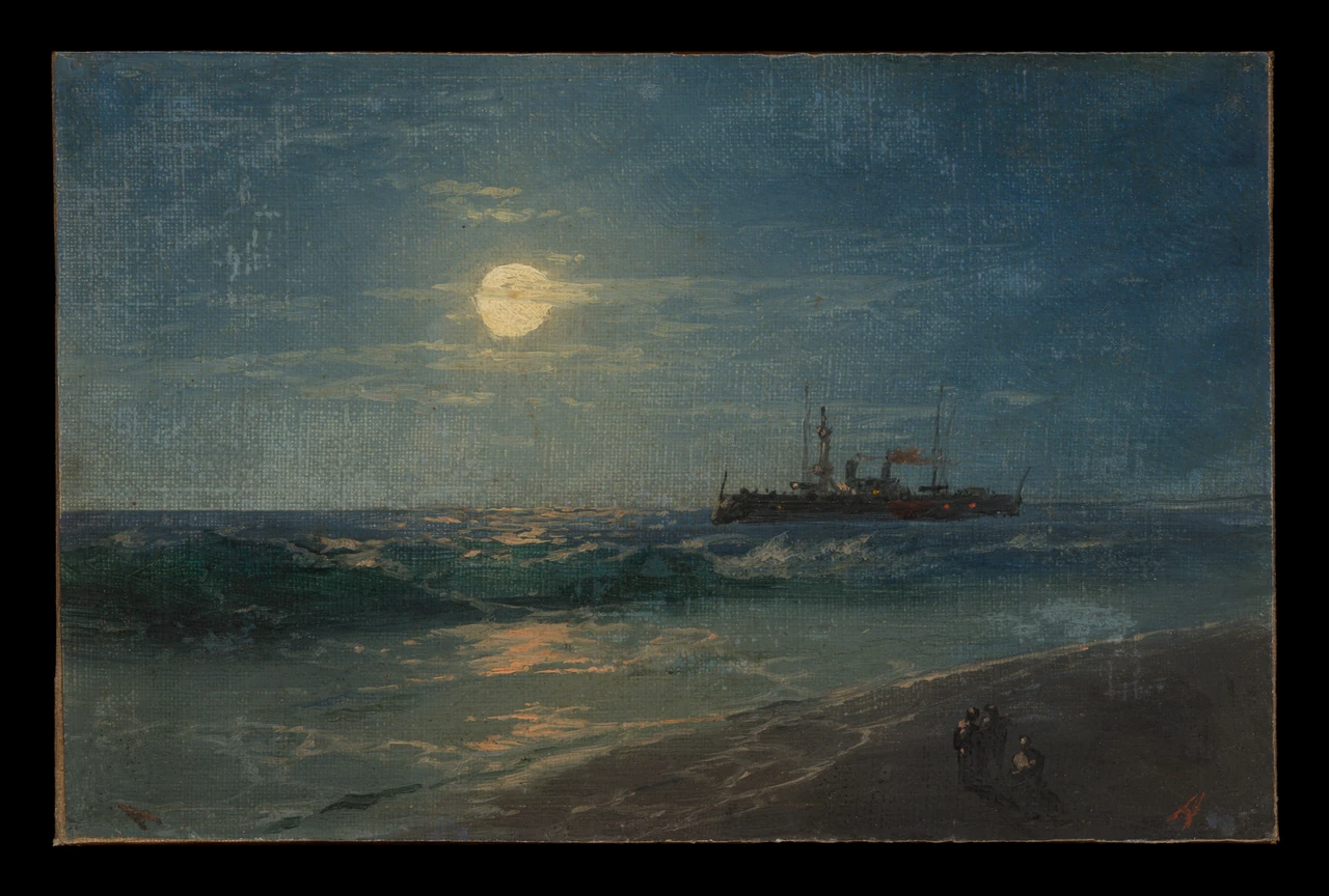 A moonlit steamship sits beyond rolling dark water, with a few small people on a sloping beach.