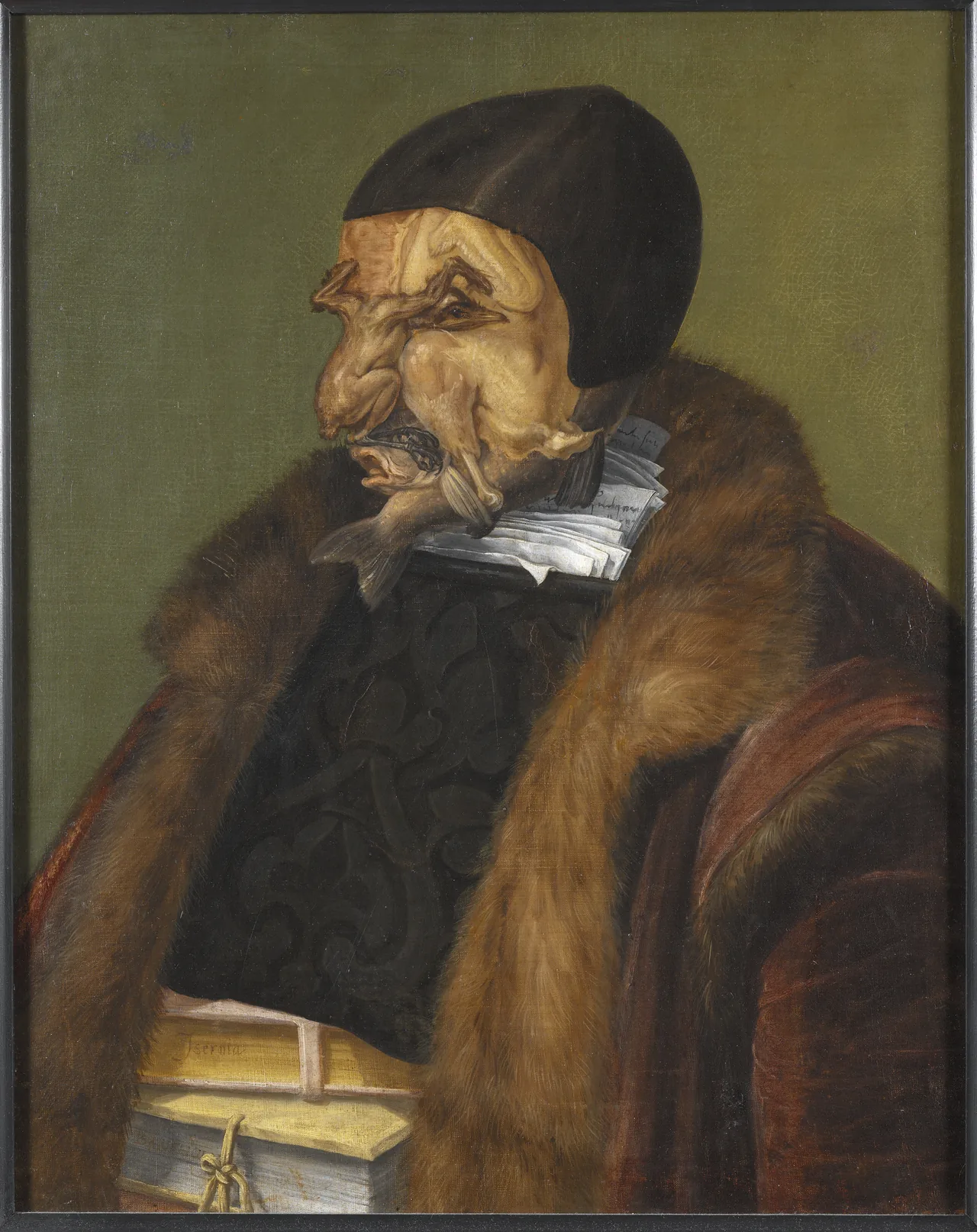 A figure in a black cap and fur-trimmed gown has a face assembled from birds and fish, with papers at the neck and books below.