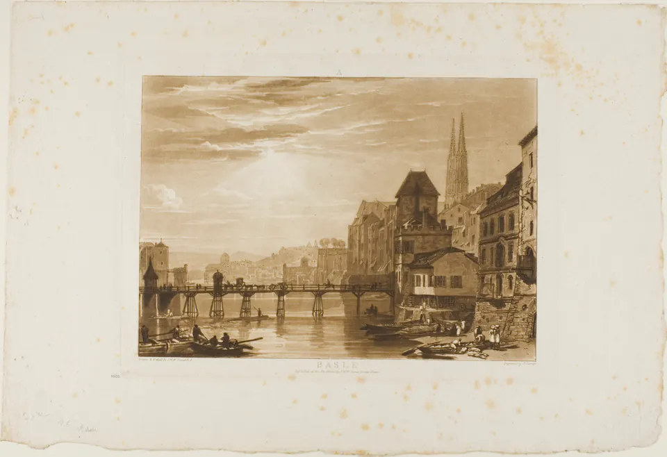 Basle seen across water and low banks in a brown etching and engraving designed by Turner