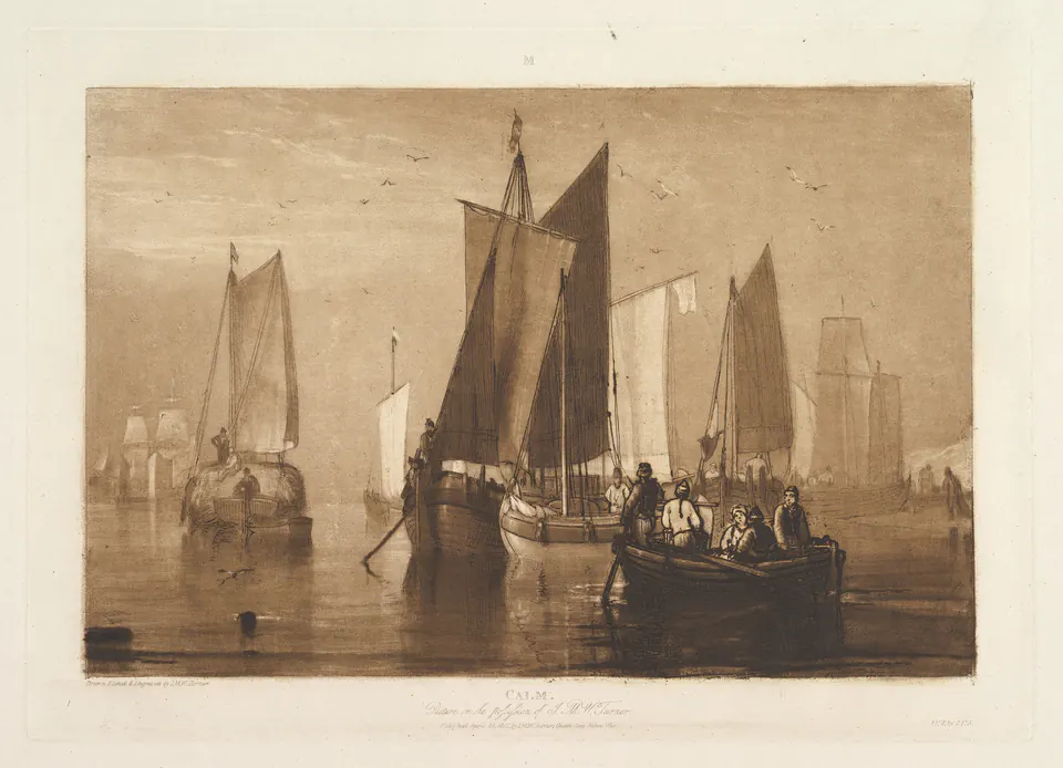 Still water, moored vessels, and distant light in Turner’s Liber Studiorum plate Calm
