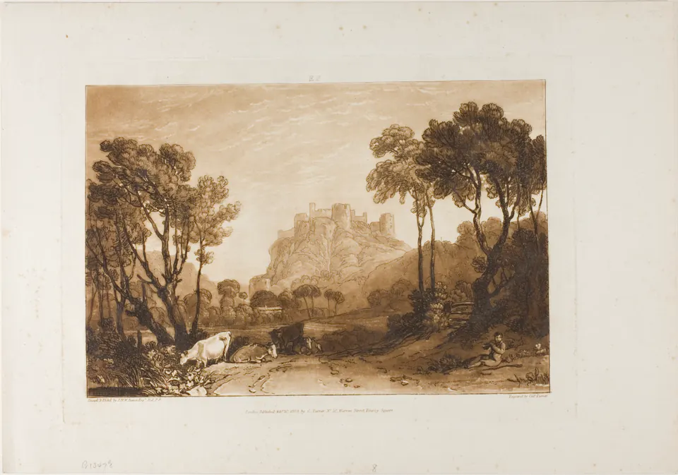 A castle rising above broad meadows and grazing animals in a Turner landscape print