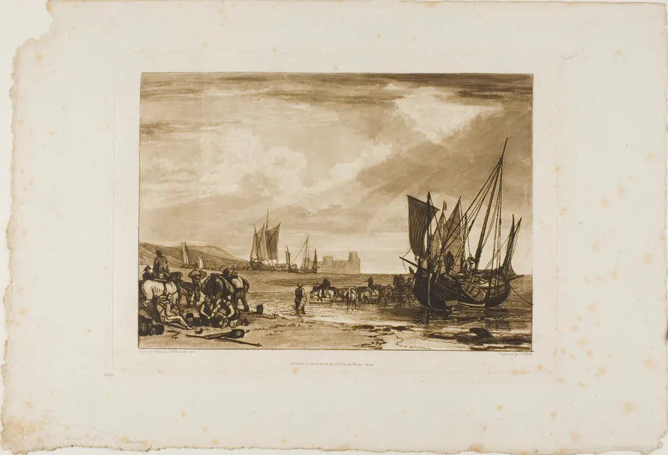 Figures, boats, and distant buildings gathered along a French coast in Turner’s print