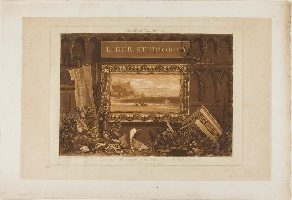 Turner’s portrait medallion and engraved border on the frontispiece to Liber Studiorum