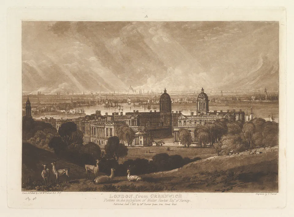 London spreading beyond Greenwich with the Thames and distant skyline in a Turner print