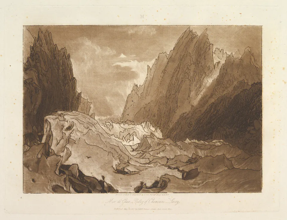 Tiny travellers crossing fractured ice beneath mountains in Turner’s Mêr de Glace print