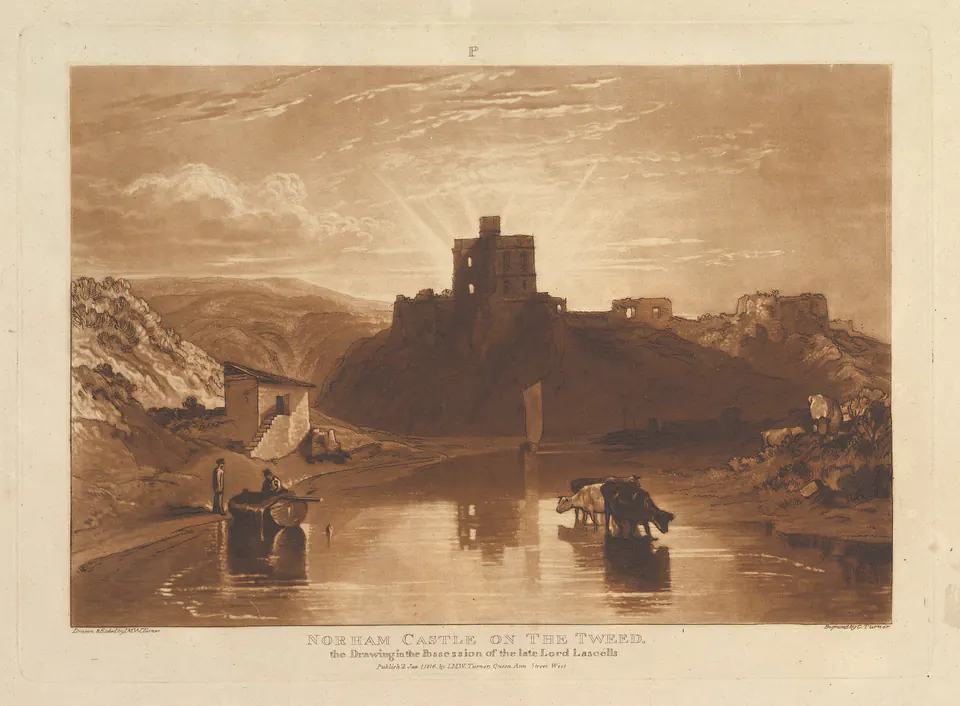 Norham Castle silhouetted above the River Tweed in Turner’s atmospheric print