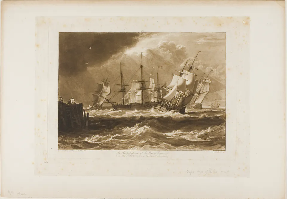 Sailing ships leaning into a breeze across a bright strip of sea in Turner’s marine print