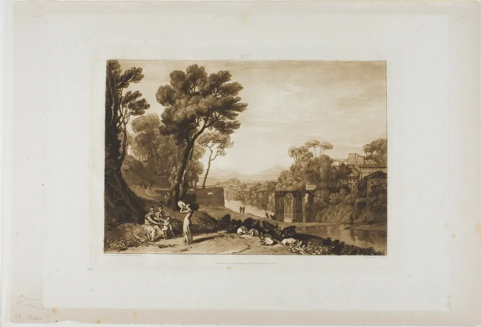 A woman with a tambourine resting near trees in a pastoral Liber Studiorum print