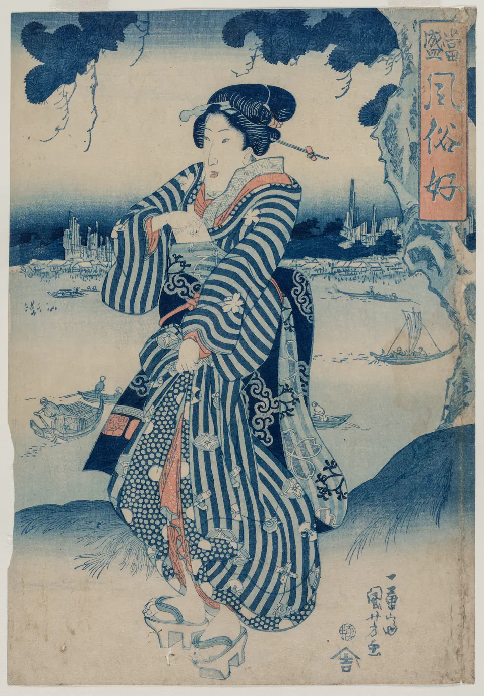 A geisha in layered robes stands on the bank of the Sumida River