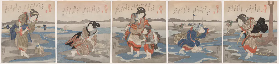 Five connected colour woodblock sheets form a long low-tide shore scene