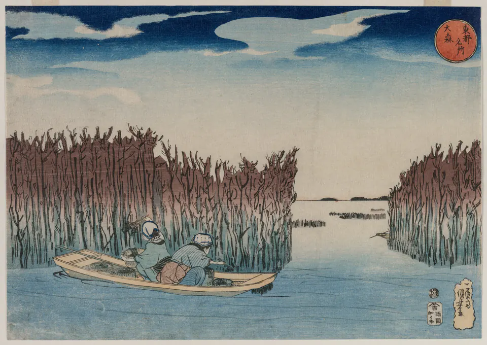 Two women gather seaweed from a boat among cultivation beds at Ōmori