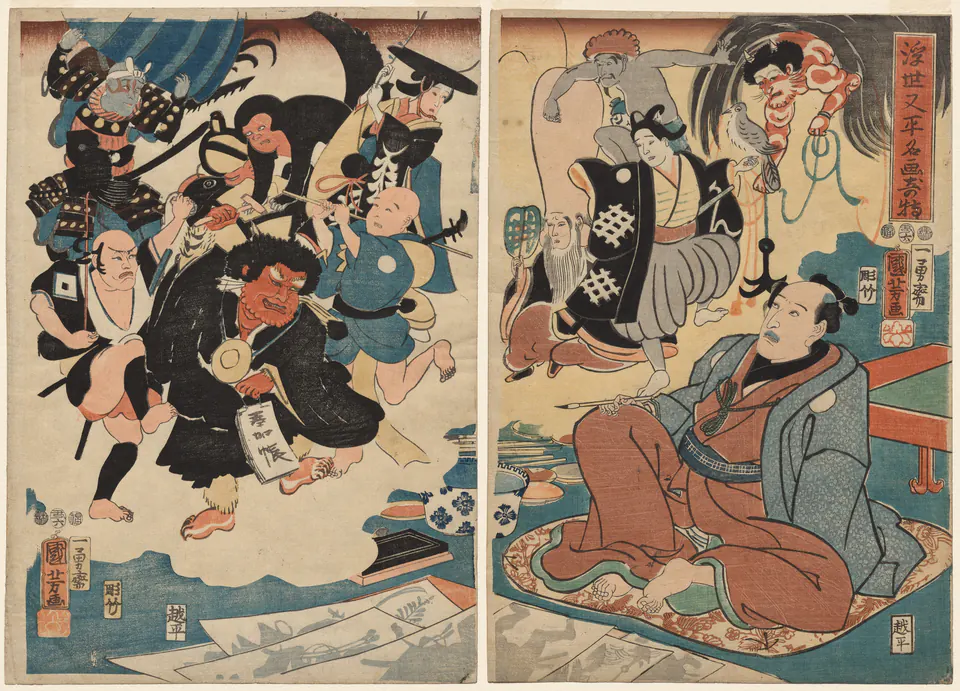 Figures and animated painted subjects crowd a dramatic multi-sheet scene of Ukiyo Matahei