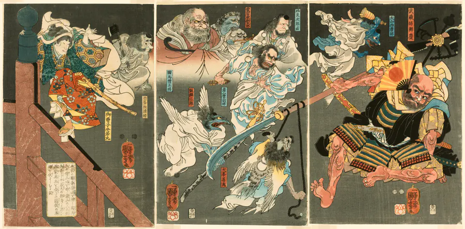 Young Yoshitsune leaps above Benkei during their fight on Gojo Bridge across a horizontal triptych